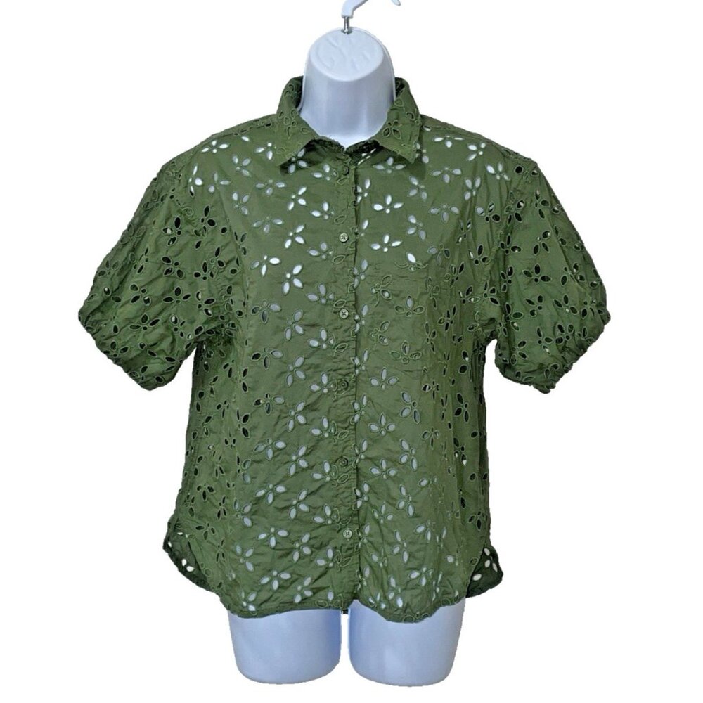 J Crew Spring Garden Eyelet Top Womens Sz 6 Army Green Button Up Peasant Prairie